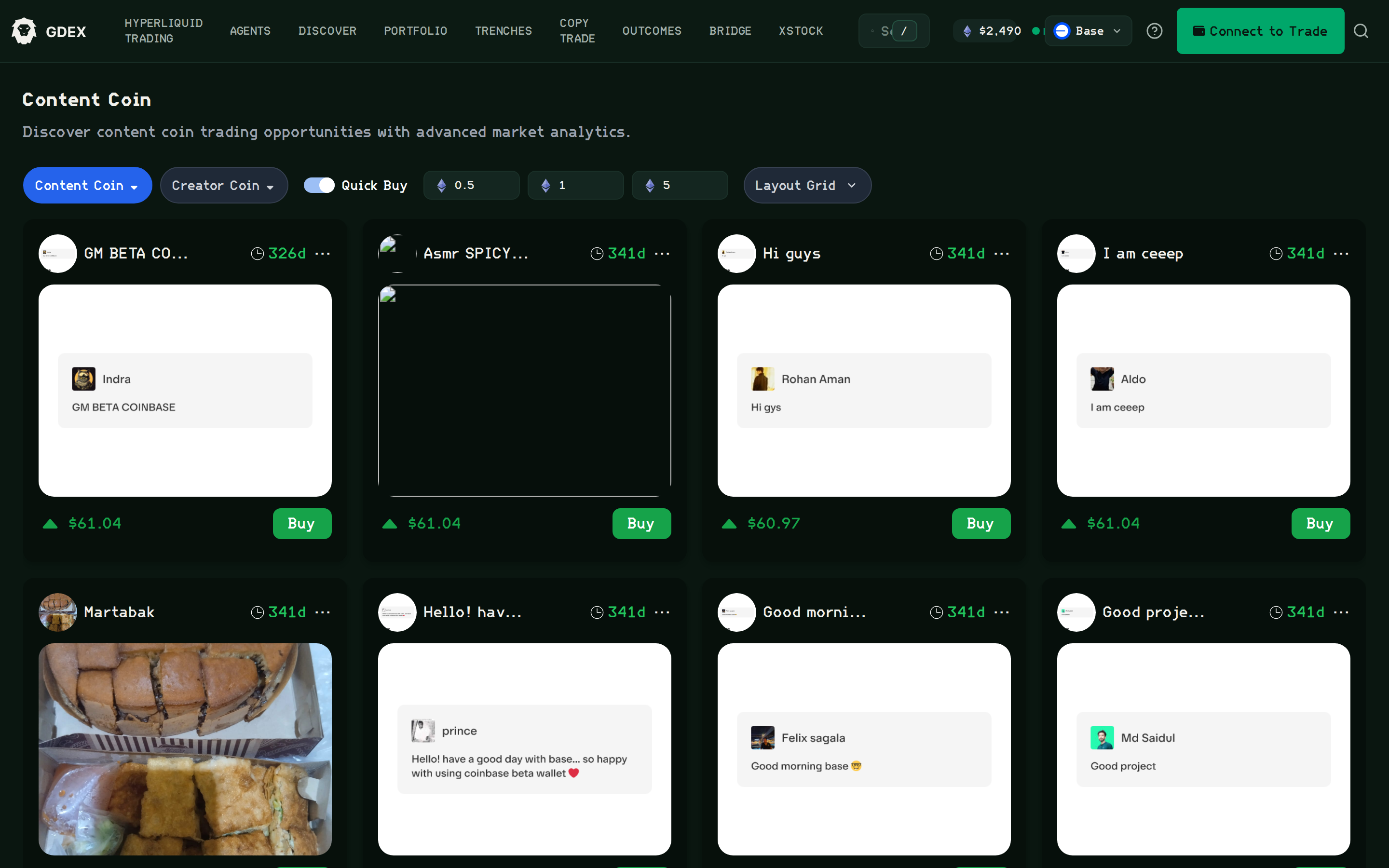 The Content Coin page on GDEX Pro, showing a grid of coined posts on Base with prices and Buy buttons