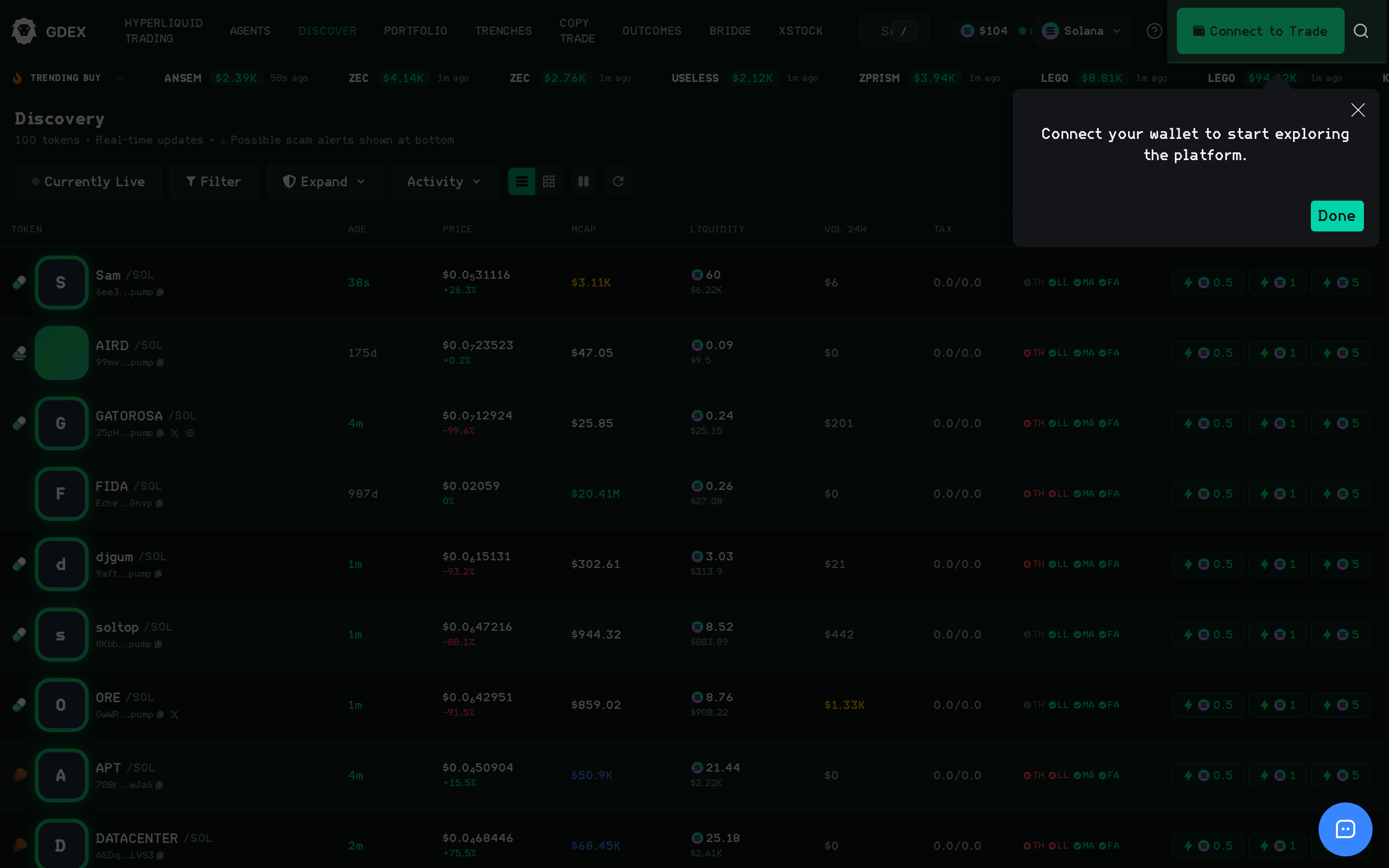 The Discover page on GDEX Pro listing newly added token pairs