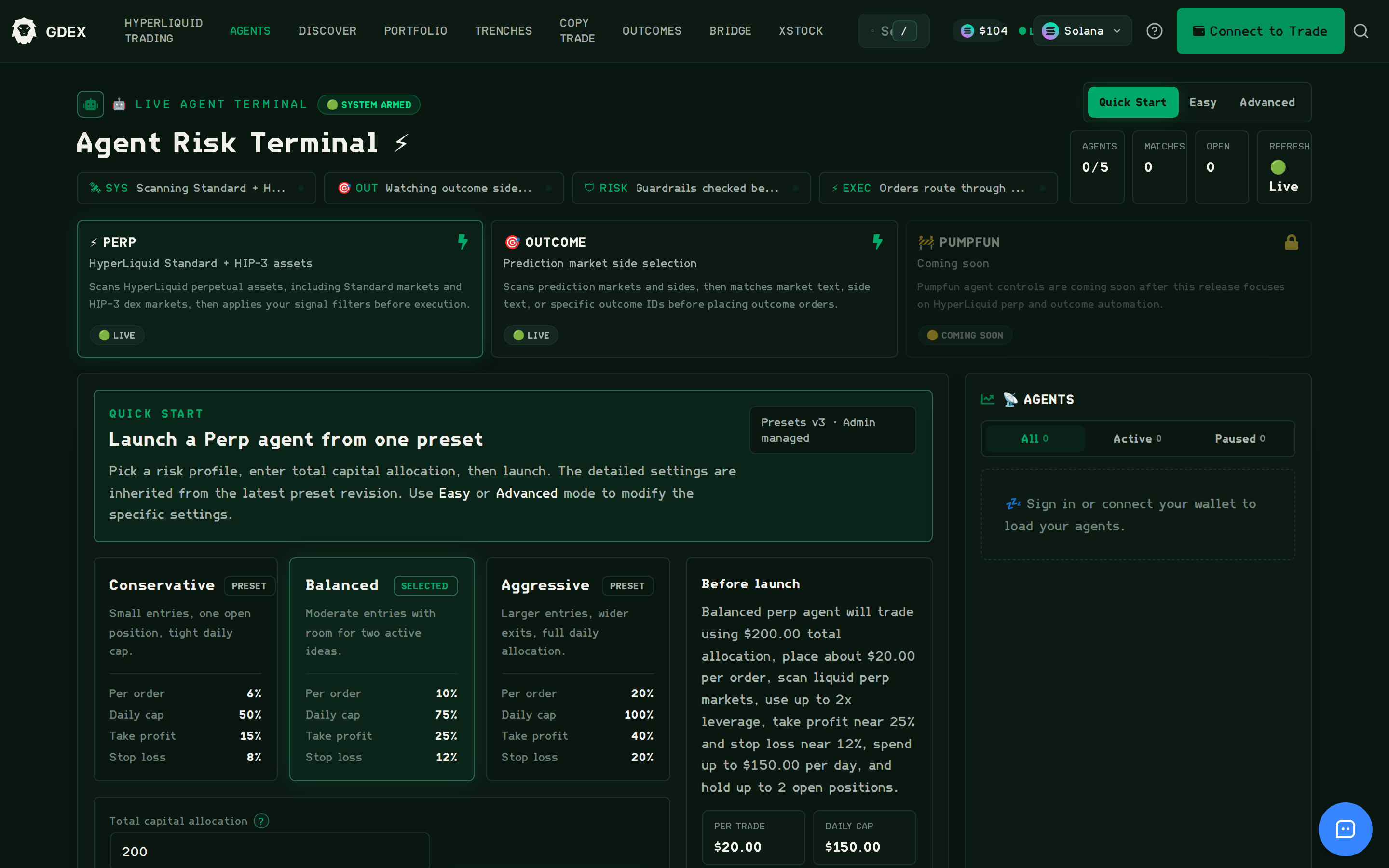 The Agent Risk Terminal on GDEX Pro, showing the Perp, Outcome and Pumpfun agent types and the Conservative, Balanced and Aggressive presets